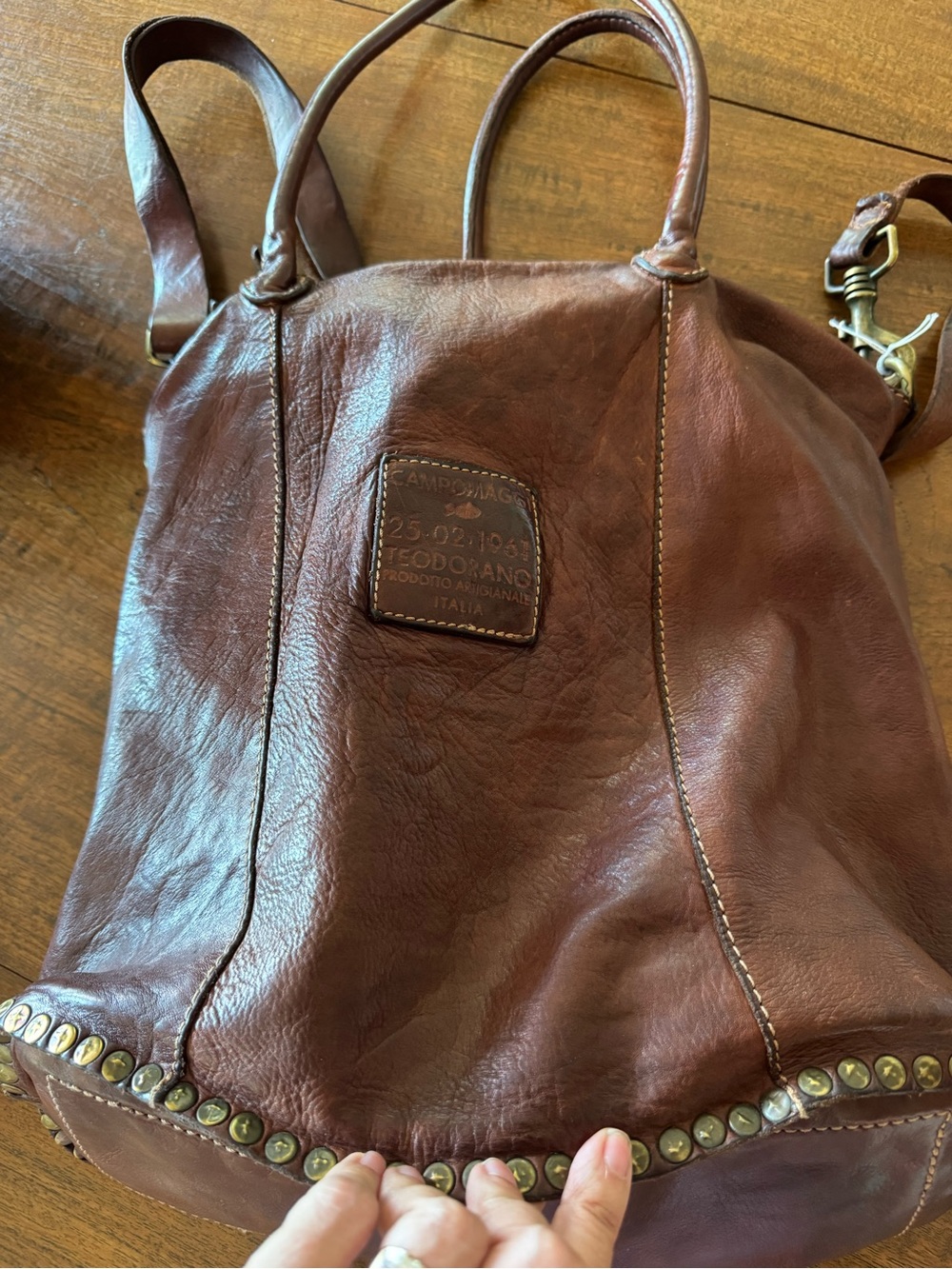 Campomaggi Brown Leather and Cowhide Patchwork Tote Bag w/ crossbody strap - Picture 6 of 11